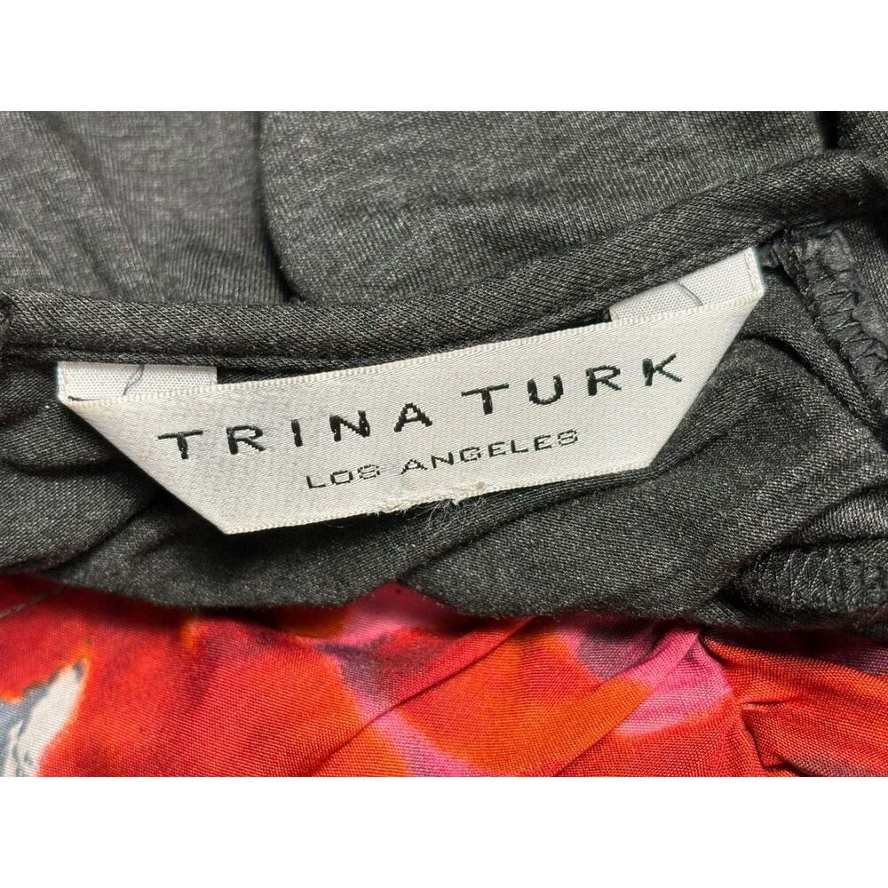 Trina Turk Silk Floral Print Dress Womens Size 6 Gray Bodice Cap Sleeve - Picture 3 of 6